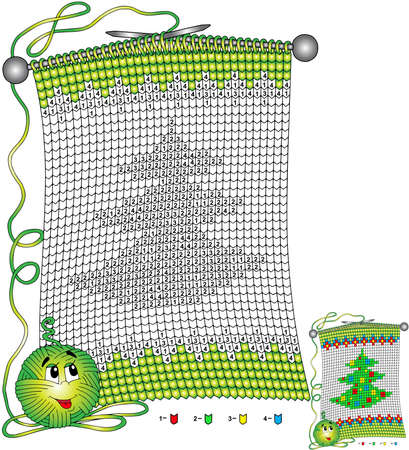 Vector Christmas coloring page. Tasks for children color by number in the shape of a knitted scarf with the image of a a Christmas treeのイラスト素材