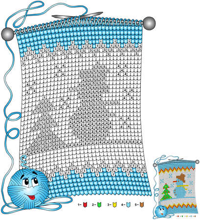 Vector Christmas coloring page. Tasks for children color by number in the shape of a knitted scarf with the image of a snowmanのイラスト素材