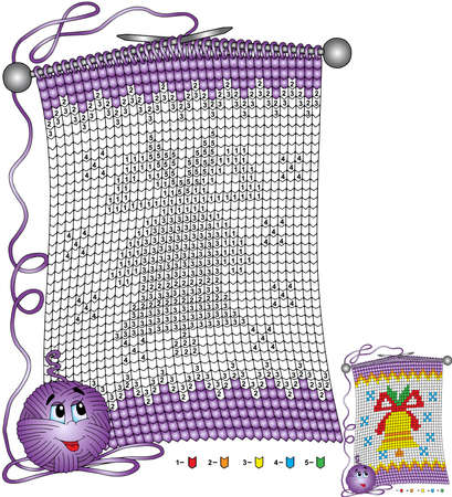 Vector Christmas coloring page. Tasks for children color by number in the shape of a knitted scarf with the image of a christmas bellのイラスト素材