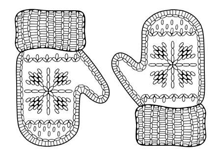 Vector christmas coloring page for adults. Knitted mittens on white background. Elements for Christmas templates, cards and invitationのイラスト素材