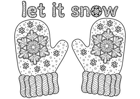 Vector christmas coloring page for adults. Knitted mittens on white background. Elements for Christmas templates, cards and invitationのイラスト素材