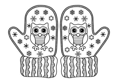 Vector christmas coloring page for adults. Knitted mittens on white background. Elements for Christmas templates, cards and invitationのイラスト素材