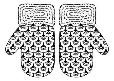 Vector christmas coloring page for adults. Knitted mittens on white background. Elements for Christmas templates, cards and invitationのイラスト素材