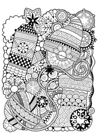 Vector coloring book for adults. Christmas coloring page with knitted gloves, hat, scarf, socks and balls of thread between decorative snowflakesのイラスト素材