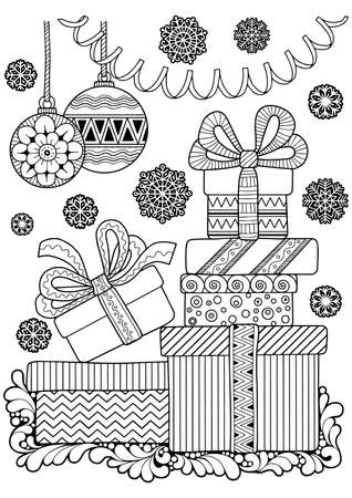 Vector anti-stress book for adults. Christmas coloring page with gift boxes with ribbons, snowflakes, Christmas balls and garlandsのイラスト素材