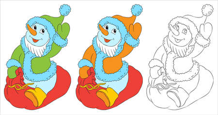 Vector funny snowman character dressed as santa. Black and white outline for coloring booksのイラスト素材