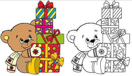 Vector funny bear dressed in a warm knitted hat, scarf and gloves sitting in front of gift boxes tied with red ribbonsのイラスト素材