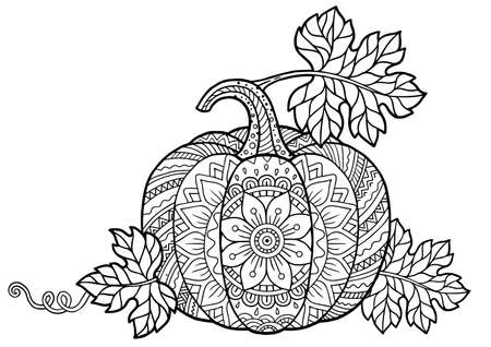 Coloring book for adults. Pumpkin in mandala style with detailed patterns for Halloween and Thanksgiving dayのイラスト素材