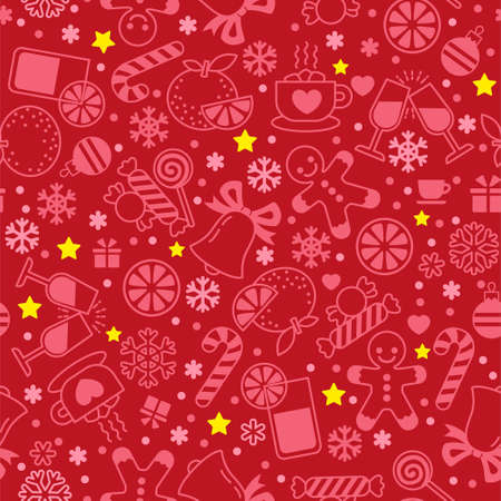 Seamless pattern with simple linear symbols of Christmas and New Year. Sweets, snowflakes and gingerbread men between snowflakes on a red backgroundのイラスト素材