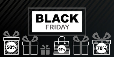 Black Friday, the final sale with discounts. Template, banner, flyer for text. Symbols of discounts, bags and gift boxes with ribbons on a black background.のイラスト素材