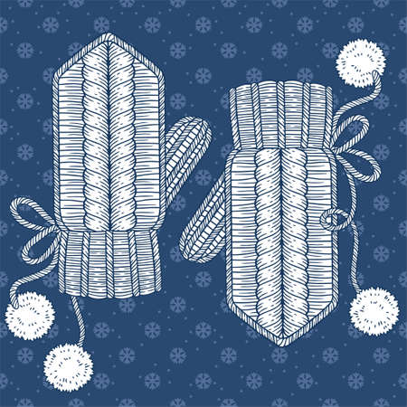 Warm knitted gloves with pom poms, vector coloring page for adults, black contour image isolated on a white background.のイラスト素材