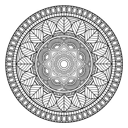 Vector Coloring book for adults relaxing and meditating, Hindu symbol, henna vector black and white round mandala.のイラスト素材