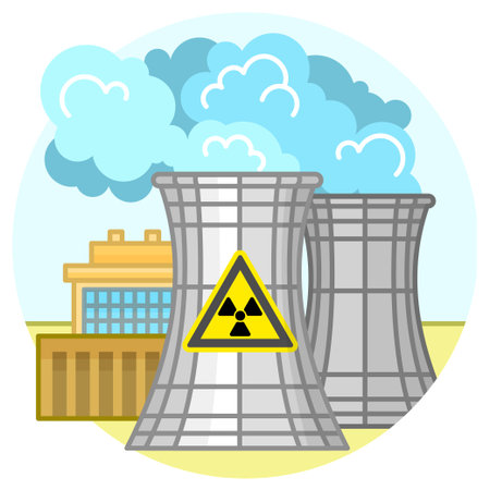 Nuclear power plant and factory. Nuclear energy industrial concept. Vector illustration in flat styleのイラスト素材