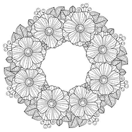 Coloring book for adults. Summer flowers. Vector isolated elements. Vector round flowers frame.のイラスト素材