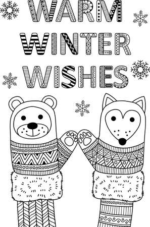 Warm winter wishes. Best friends. Funny mittens. Greeting card. Coloring book page for adultsのイラスト素材