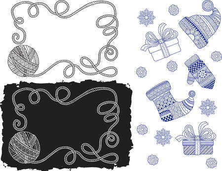Card template with a ball of yarn in doodle style. Label for knitted handmade goods Coloring for adultのイラスト素材