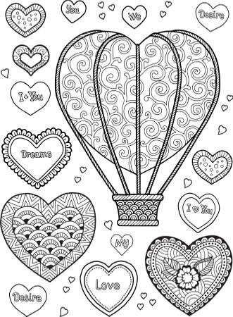 Journey in a balloon. Coloring book page for adult. Heart-shape balloon. Set of doodle heartsのイラスト素材