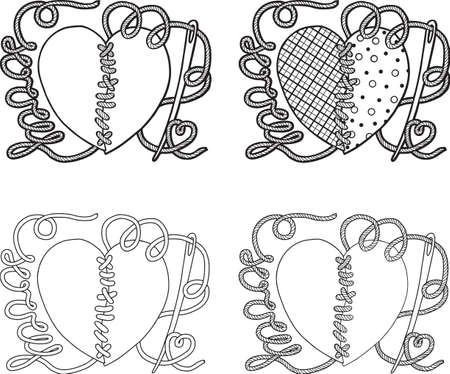 Heart broken valentines day. Coloring book page for adults. Broken heart, sew with a needleのイラスト素材