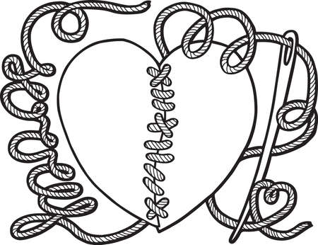 Heart broken valentines day. Coloring book page for adults. Broken heart, sew with a needleのイラスト素材
