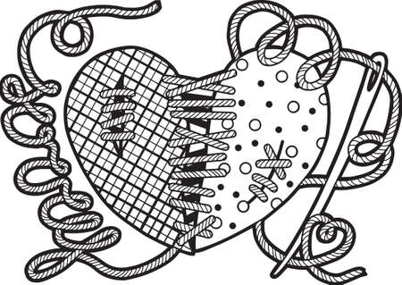 Heart broken valentines day. Coloring book page for adults. Broken heart, sew with a needleのイラスト素材
