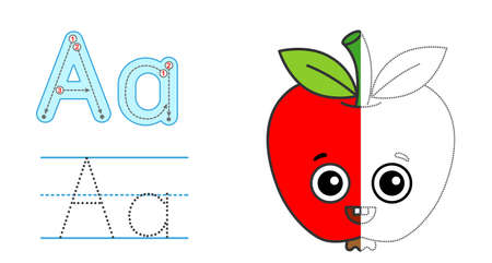 Trace the letter and picture and color it. Educational children tracing game. Coloring alphabet. Letter a and funny appleのイラスト素材