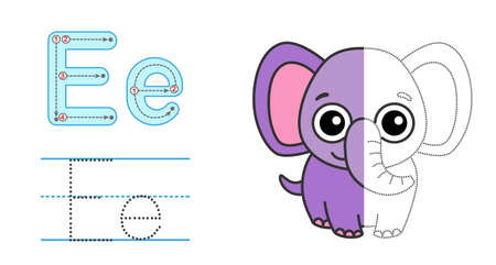Trace the letter and picture and color it. Educational children tracing game. Coloring alphabet. Letter E and funny cartoon elephantのイラスト素材