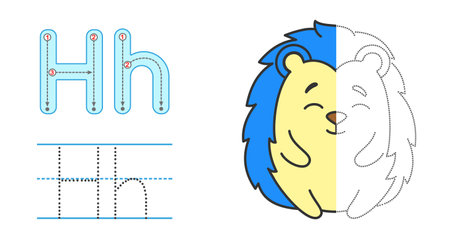 Trace the letter and picture and color it. Educational children tracing game. Coloring alphabet. Letter h and funny hedgehogのイラスト素材