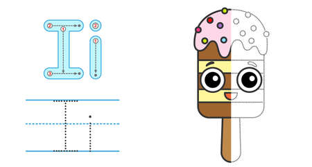 Trace the letter and picture and color it. Educational children tracing game. Coloring alphabet. Letter I and funny cartoon ice creamのイラスト素材