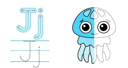 Trace the letter and picture and color it. Educational children tracing game. Coloring alphabet. Letter J and funny cartoon Jellyfishのイラスト素材