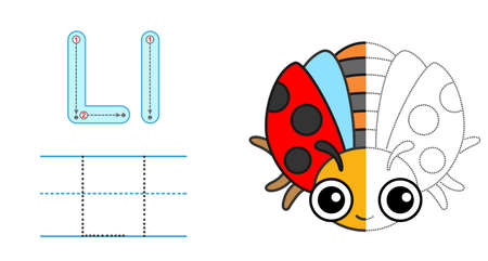 Trace the letter and picture and color it. Educational children tracing game. Coloring alphabet. Letter L and funny cartoon Ladybugのイラスト素材