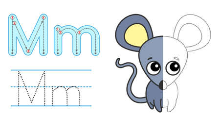 Trace the letter and picture and color it. Educational children tracing game. Coloring alphabet. Letter M and funny cartoon Mouseのイラスト素材