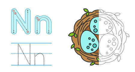 Trace the letter and picture and color it. Educational children tracing game. Coloring alphabet. Letter N and funny cartoon Nestのイラスト素材