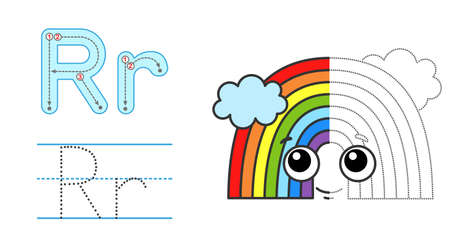 Trace the letter and picture and color it. Educational children tracing game. Coloring alphabet. Letter R and funny cartoon Rainbowのイラスト素材