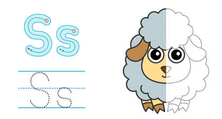 Trace the letter and picture and color it. Educational children tracing game. Coloring alphabet. Letter S and funny cartoon Sheepのイラスト素材