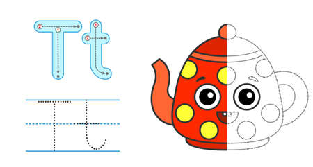 Trace the letter and picture and color it. Educational children tracing game. Coloring alphabet. Letter T and funny cartoon Teapotのイラスト素材