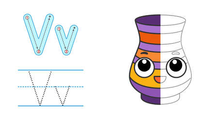 Trace the letter and picture and color it. Educational children tracing game. Coloring alphabet. Letter V and funny cartoon Vaseのイラスト素材
