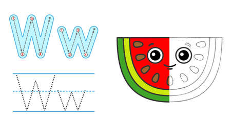 Trace the letter and picture and color it. Educational children tracing game. Coloring alphabet. Letter W and funny cartoon Watermelonのイラスト素材