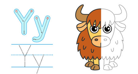 Trace the letter and picture and color it. Educational children tracing game. Coloring alphabet. Letter Y and funny cartoon Yakのイラスト素材