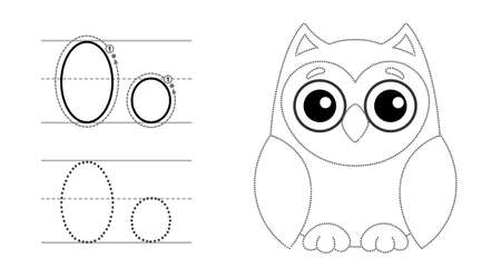 Trace the letter and picture and color it. Educational children tracing game. Coloring alphabet. Letter O and funny cartoon Owlのイラスト素材