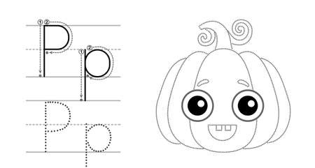 Trace the letter and picture and color it. Educational children tracing game. Coloring alphabet. Letter P and funny cartoon Pumpkinのイラスト素材
