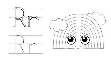 Trace the letter and picture and color it. Educational children tracing game. Coloring alphabet. Letter R and funny cartoon Rainbowのイラスト素材