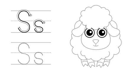 Trace the letter and picture and color it. Educational children tracing game. Coloring alphabet. Letter S and funny cartoon Sheepのイラスト素材