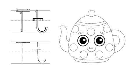 Trace the letter and picture and color it. Educational children tracing game. Coloring alphabet. Letter T and funny cartoon Teapotのイラスト素材