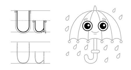 Trace the letter and picture and color it. Educational children tracing game. Coloring alphabet. Letter U and funny cartoon umbrellaのイラスト素材