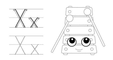 Trace the letter and picture and color it. Educational children tracing game. Coloring alphabet. Letter X and funny cartoon Xylophoneのイラスト素材