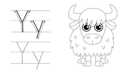 Trace the letter and picture and color it. Educational children tracing game. Coloring alphabet. Letter Y and funny cartoon Yakのイラスト素材
