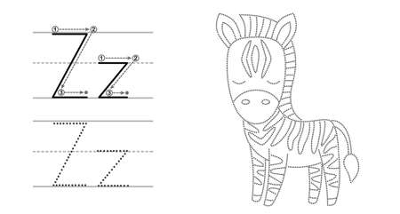 Trace the letter and picture and color it. Educational children tracing game. Coloring alphabet. Letter Z and funny cartoon Zebraのイラスト素材