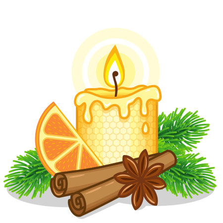 Yellow Christma candle with a Christmas tree branch, orange and cinnamon sticks. Burning beeswax candlesのイラスト素材