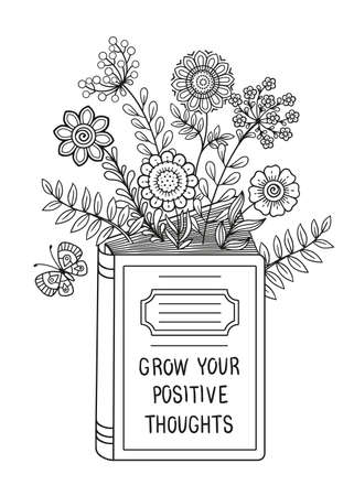 Black and white coloring book page for adult. Opened book. Reading book, imagination concept with doodle flowersのイラスト素材