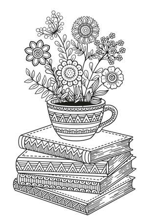 World Book Day. Black and white coloring page for adults. Doodle flowers in cup. Detailed doodle coloringのイラスト素材